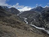 To Gokyo 2-6 Looking Ahead To Cho Oyu From Machhermo As I walked from Machhermo towards Pangka, I could see the trail ahead towards Gokyo, with Cho Oyu dominating the end of the valley.